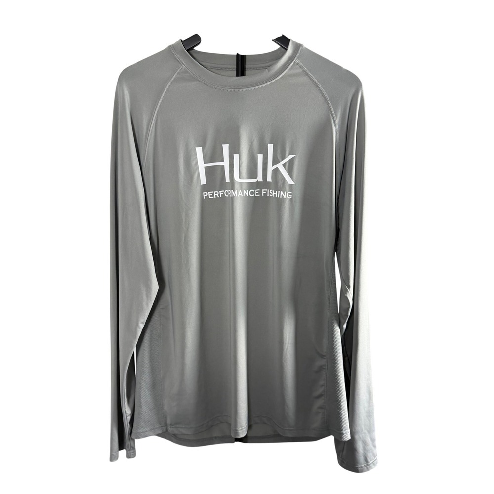 Huk Performance Fishing Shirt Mens‎ Large Gray Long Sleeve Mesh Side Panels Logo